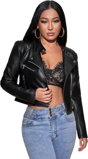 MakeMeChic Women's Petite Casual Faux Leather Cropped Jacket Zip Up Long Sleeve Moto Biker Coat