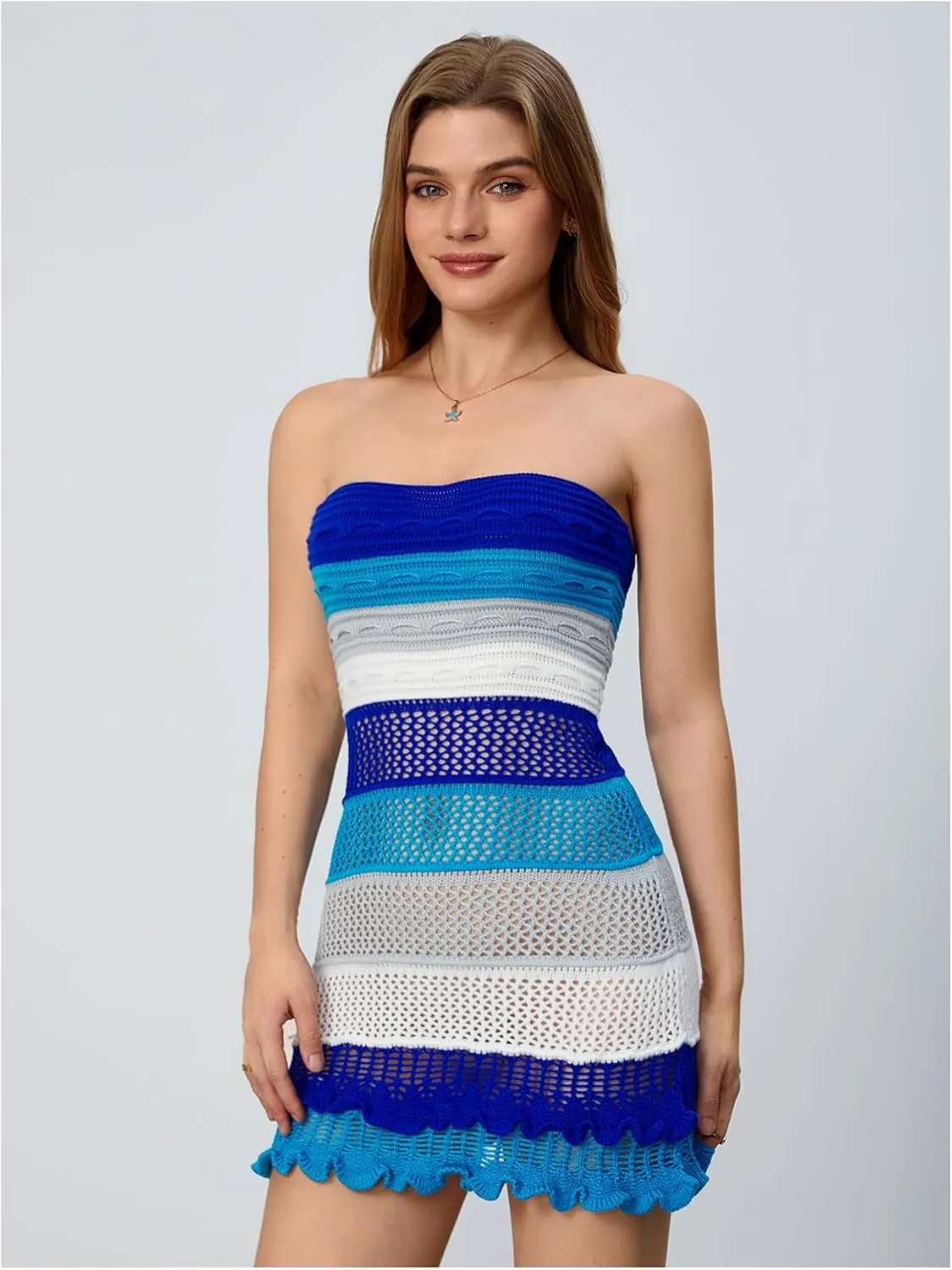 MakeMeChic Women's Strapless Crochet Cover Up Beachwear Colorblock Knit Tube Mini Dress