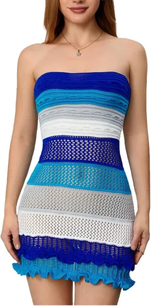 MakeMeChic Women's Strapless Crochet Cover Up Beachwear Colorblock Knit Tube Mini Dress