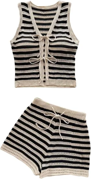 MakeMeChic Women's Striped Shorts Set Two Piece Outfits Knit Crochet Tank Top Matching Set