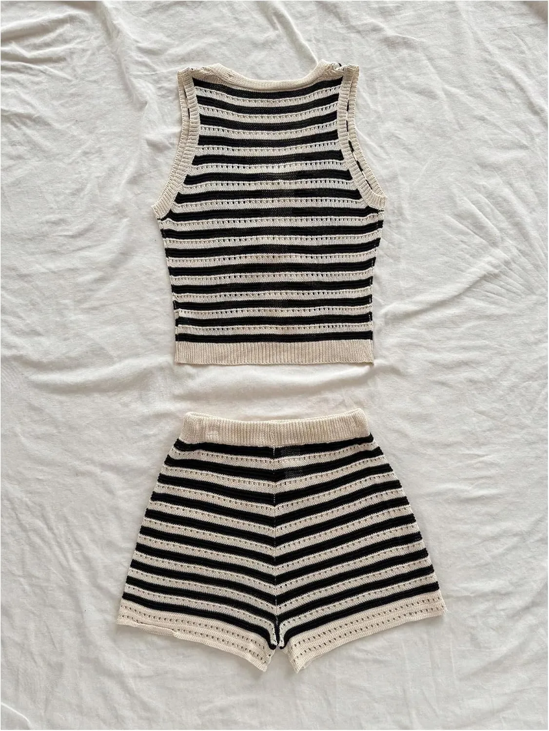 MakeMeChic Women's Striped Shorts Set Two Piece Outfits Knit Crochet Tank Top Matching Set