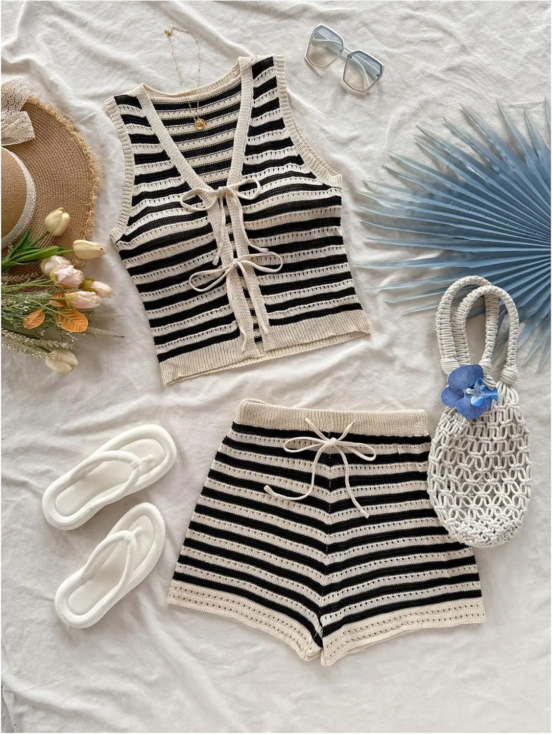 MakeMeChic Women's Striped Shorts Set Two Piece Outfits Knit Crochet Tank Top Matching Set