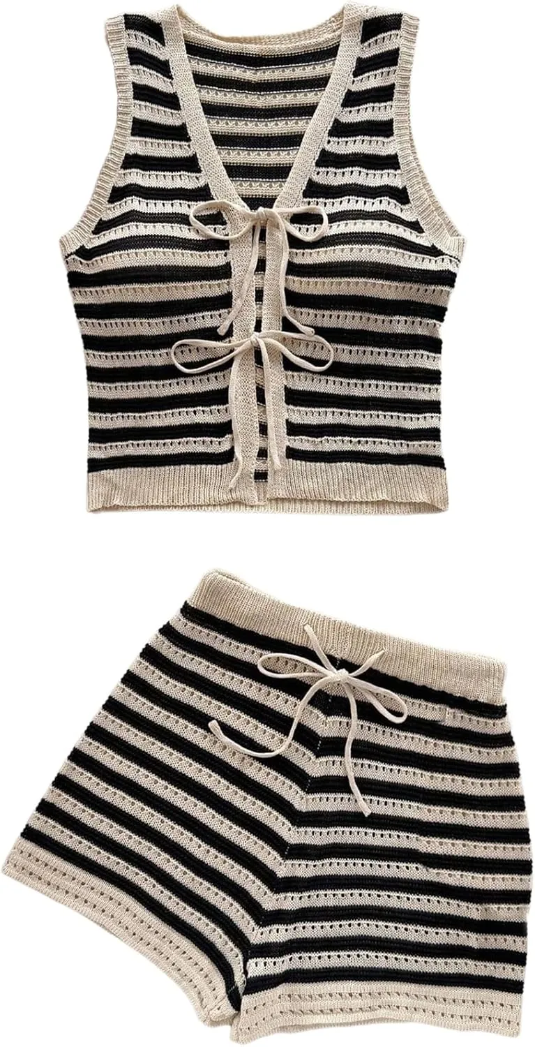 MakeMeChic Women's Striped Shorts Set Two Piece Outfits Knit Crochet Tank Top Matching Set