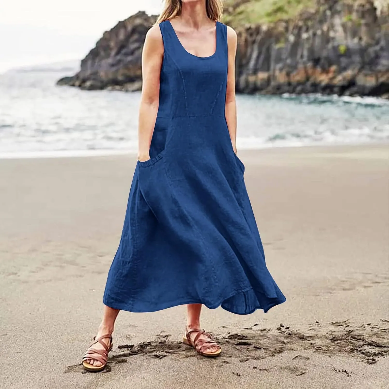 Maxi Dress for Women,2024 Summer Trendy Sleeveless Cotton Linen Dress,Casual Loose Flowy Ruched Sundress with Pockets