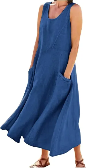 Maxi Dress for Women,2024 Summer Trendy Sleeveless Cotton Linen Dress,Casual Loose Flowy Ruched Sundress with Pockets