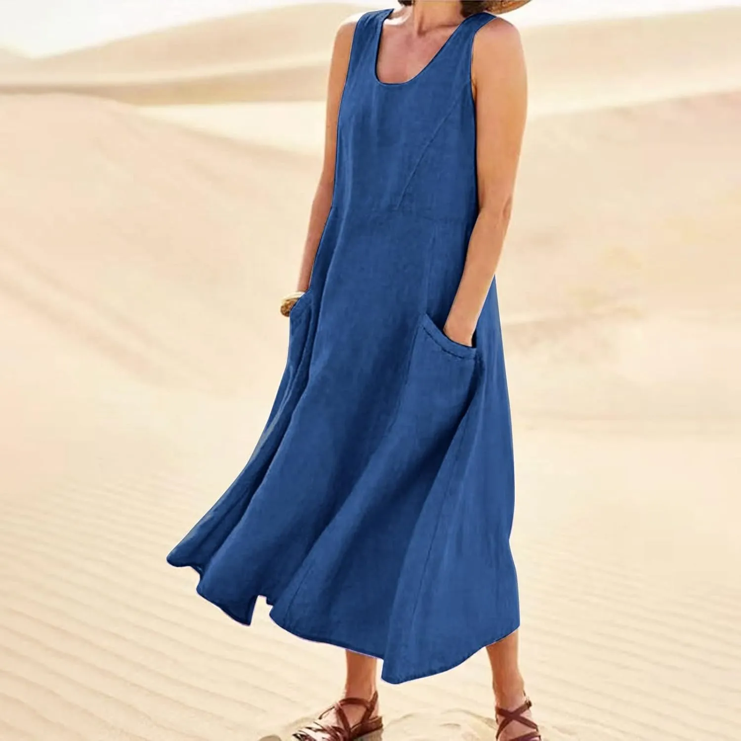 Maxi Dress for Women,2024 Summer Trendy Sleeveless Cotton Linen Dress,Casual Loose Flowy Ruched Sundress with Pockets
