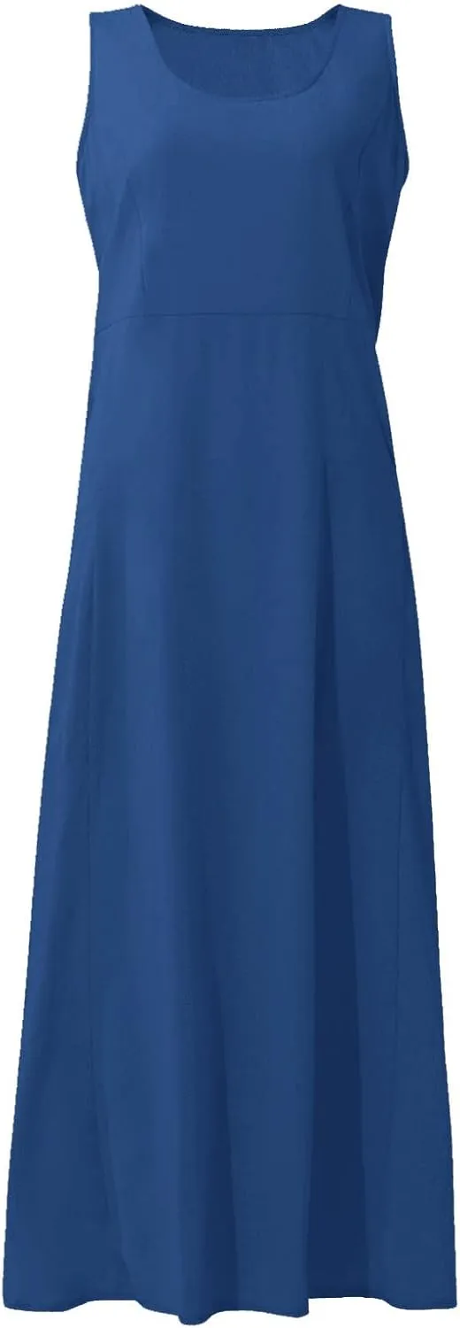 Maxi Dress for Women,2024 Summer Trendy Sleeveless Cotton Linen Dress,Casual Loose Flowy Ruched Sundress with Pockets