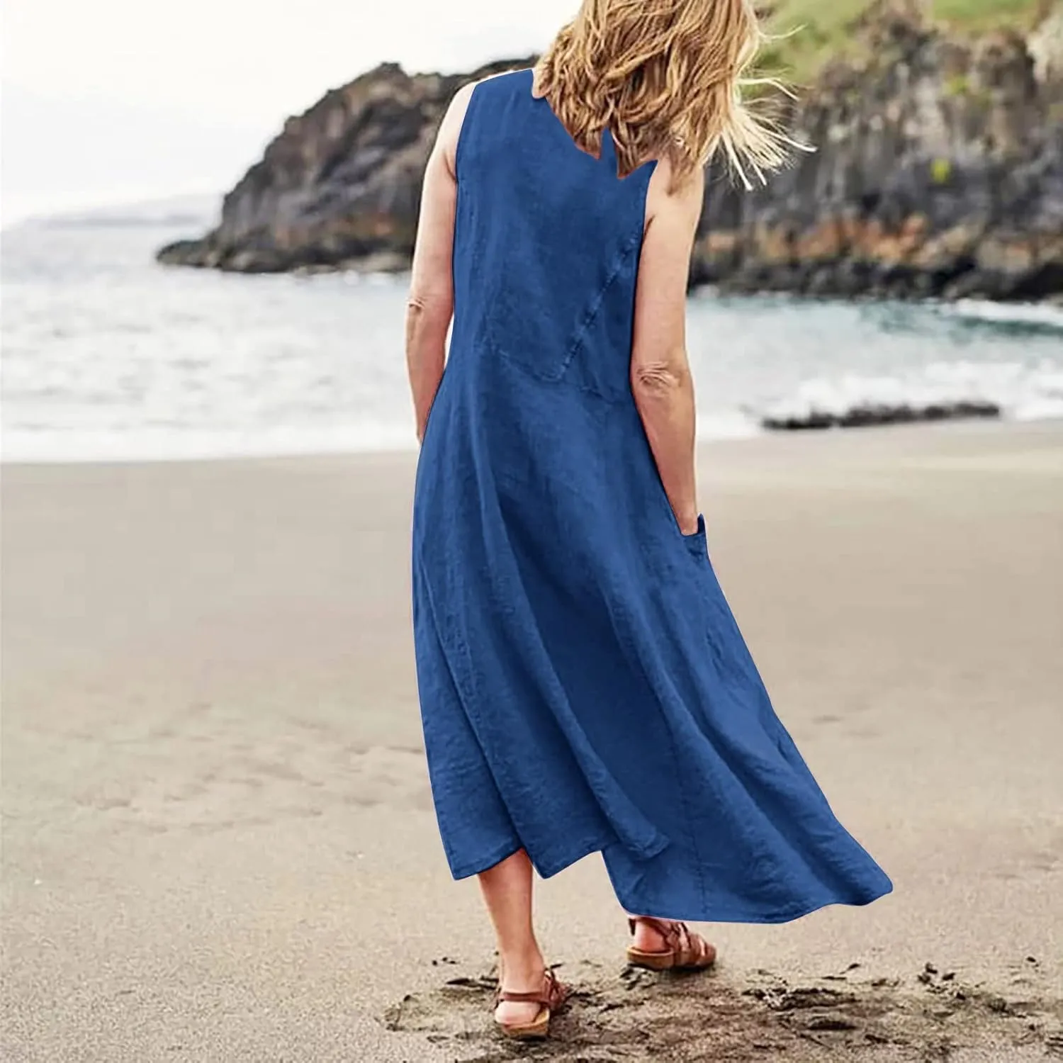 Maxi Dress for Women,2024 Summer Trendy Sleeveless Cotton Linen Dress,Casual Loose Flowy Ruched Sundress with Pockets