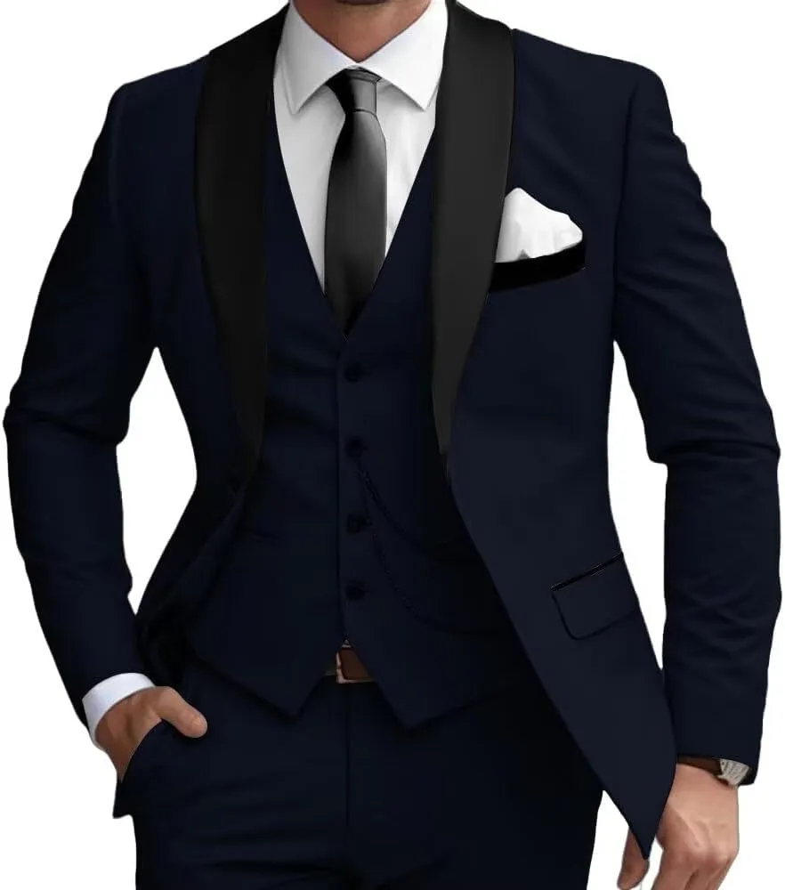 Mens 3 Pieces Classic Suit Black Satin Collar Wedding Blazer Grooms Jackets Vests Pants Suits
