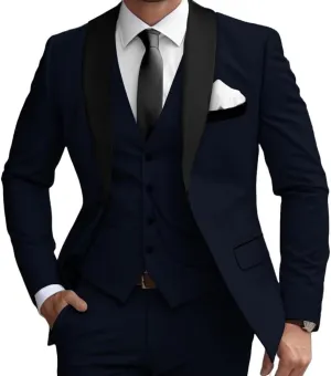 Mens 3 Pieces Classic Suit Black Satin Collar Wedding Blazer Grooms Jackets Vests Pants Suits