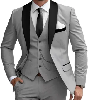 Mens 3 Pieces Classic Suit Black Satin Collar Wedding Blazer Grooms Jackets Vests Pants Suits