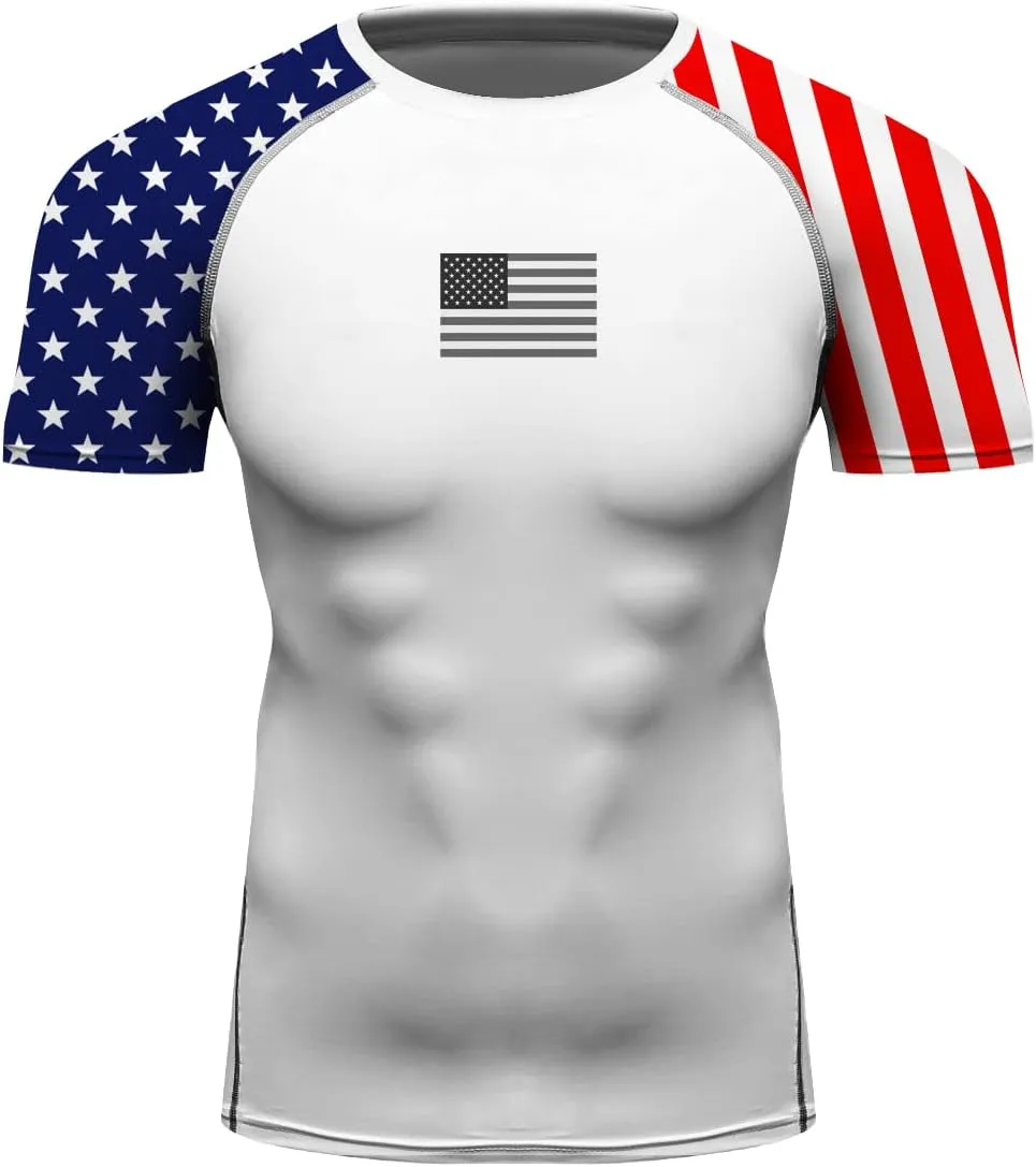 Men's American Flag Series MMA BJJ Cross Training Rash Guard Shorts Spat No Gi Set 2 PCS - Workout Outfit Set