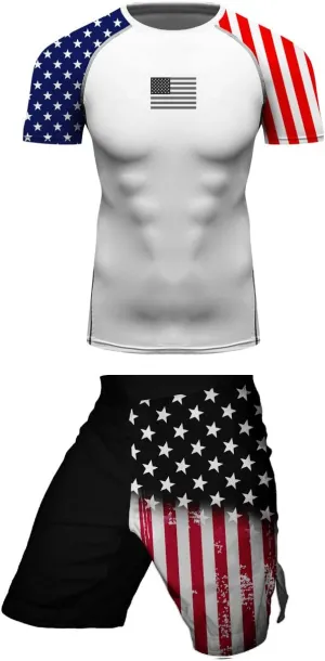 Men's American Flag Series MMA BJJ Cross Training Rash Guard Shorts Spat No Gi Set 2 PCS - Workout Outfit Set
