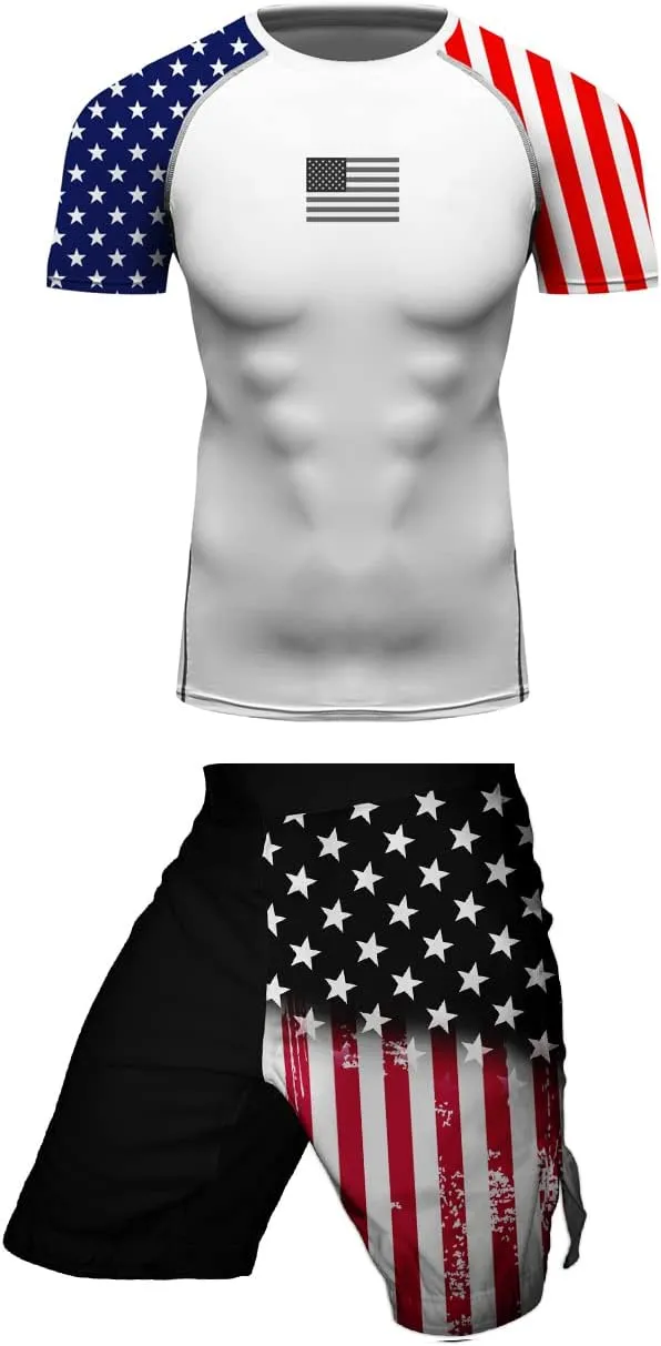 Men's American Flag Series MMA BJJ Cross Training Rash Guard Shorts Spat No Gi Set 2 PCS - Workout Outfit Set