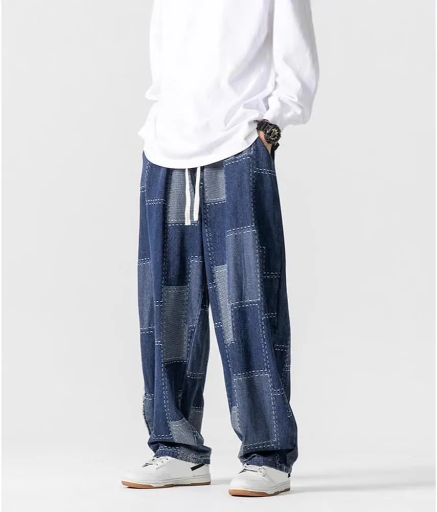 Mens Baggy Denim Harem Pants Casual Drawstring Waist Patchwork Wide Leg Skaterboard Jeans