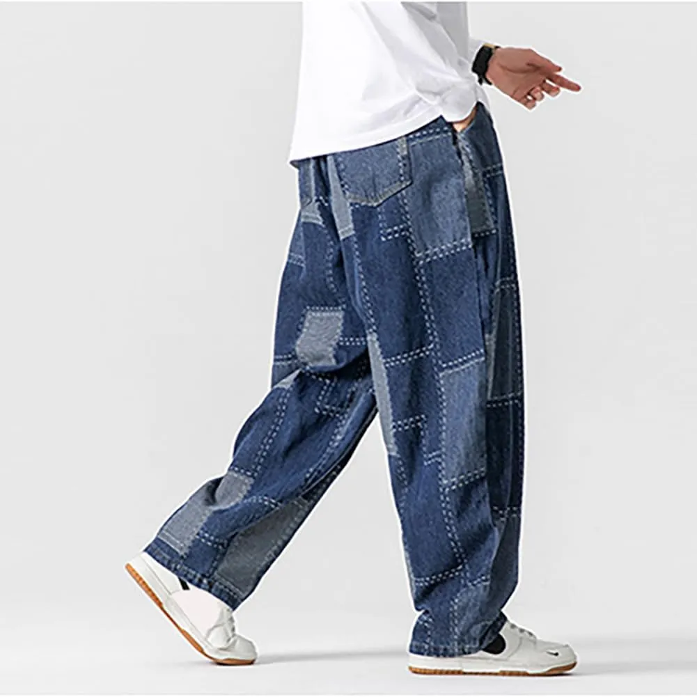 Mens Baggy Denim Harem Pants Casual Drawstring Waist Patchwork Wide Leg Skaterboard Jeans