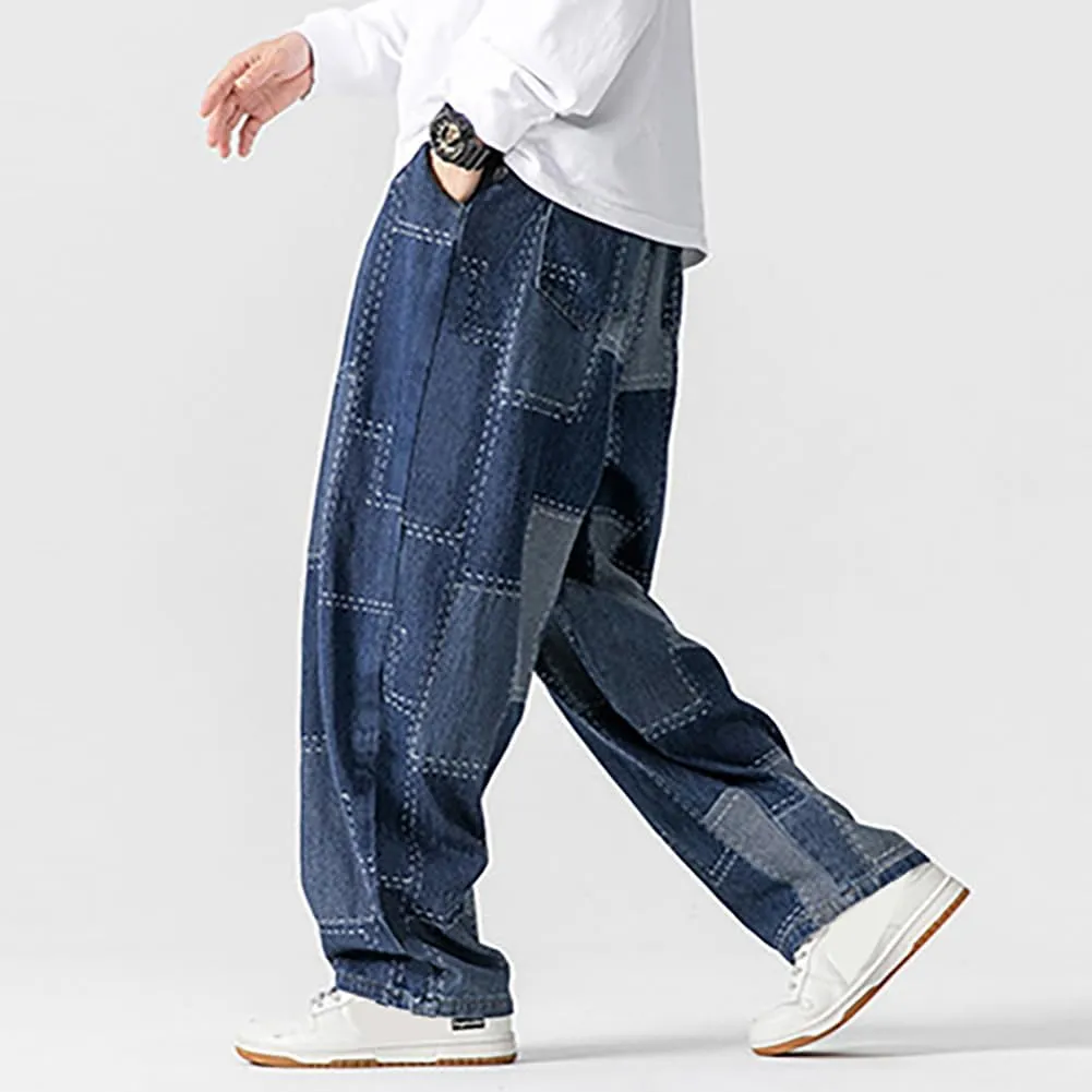 Mens Baggy Denim Harem Pants Casual Drawstring Waist Patchwork Wide Leg Skaterboard Jeans