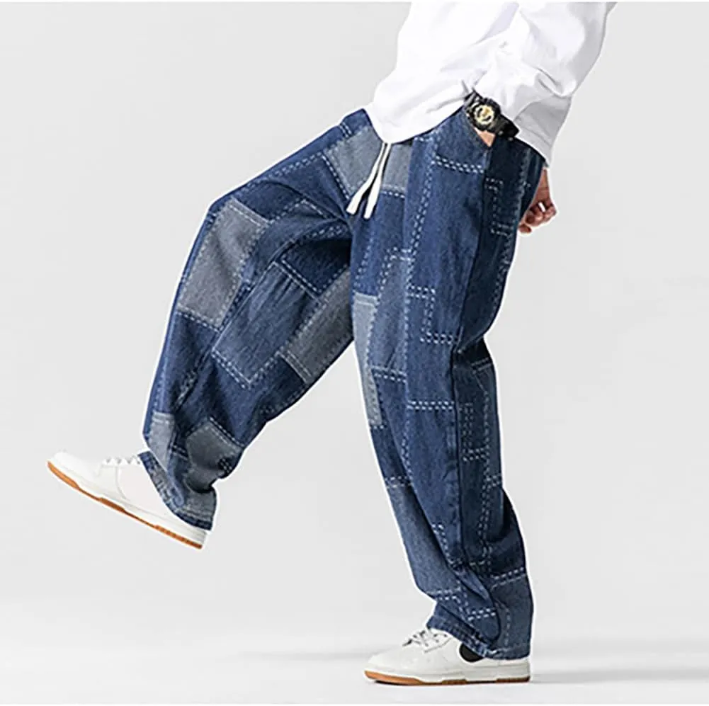 Mens Baggy Denim Harem Pants Casual Drawstring Waist Patchwork Wide Leg Skaterboard Jeans