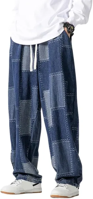 Mens Baggy Denim Harem Pants Casual Drawstring Waist Patchwork Wide Leg Skaterboard Jeans
