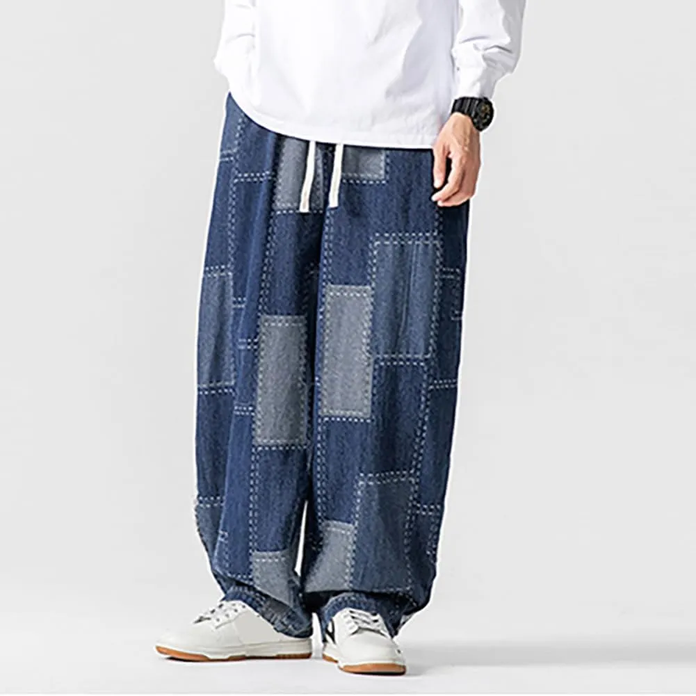 Mens Baggy Denim Harem Pants Casual Drawstring Waist Patchwork Wide Leg Skaterboard Jeans