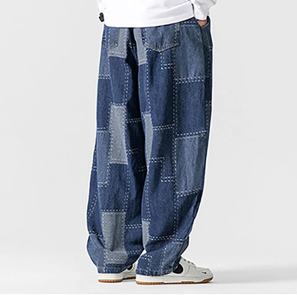 Mens Baggy Denim Harem Pants Casual Drawstring Waist Patchwork Wide Leg Skaterboard Jeans