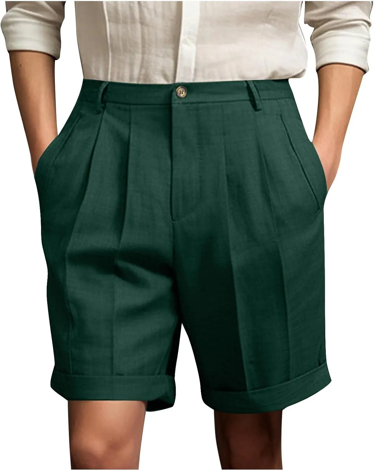 Mens Golf Chino Shorts Summer Beach Relaxted-Fit Pleated Front Button Waist Suit Shorts Solid Work Basic Short Pants