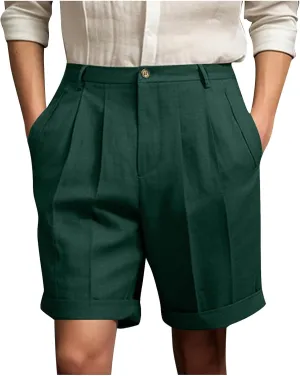 Mens Golf Chino Shorts Summer Beach Relaxted-Fit Pleated Front Button Waist Suit Shorts Solid Work Basic Short Pants