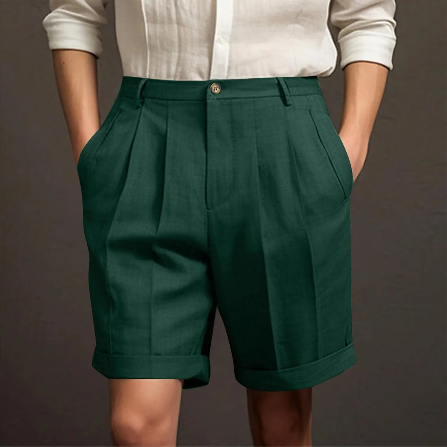 Mens Golf Chino Shorts Summer Beach Relaxted-Fit Pleated Front Button Waist Suit Shorts Solid Work Basic Short Pants