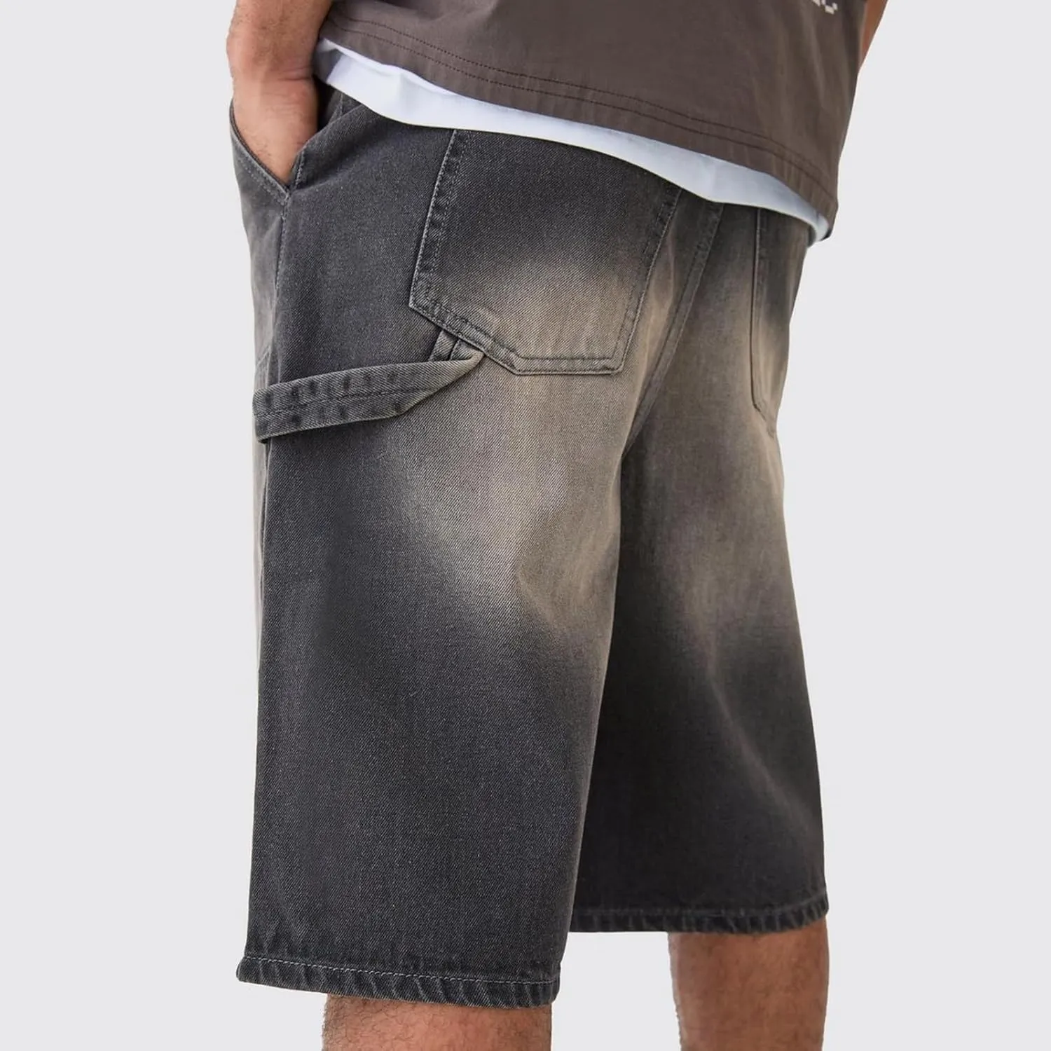Mens Loose Denim Shorts Baggy Casual Wide Leg Mid Jean Jorts Zipper Hip Hop Shorts with Pockets Streetwear