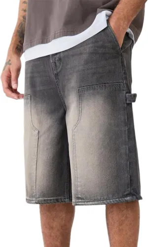 Mens Loose Denim Shorts Baggy Casual Wide Leg Mid Jean Jorts Zipper Hip Hop Shorts with Pockets Streetwear