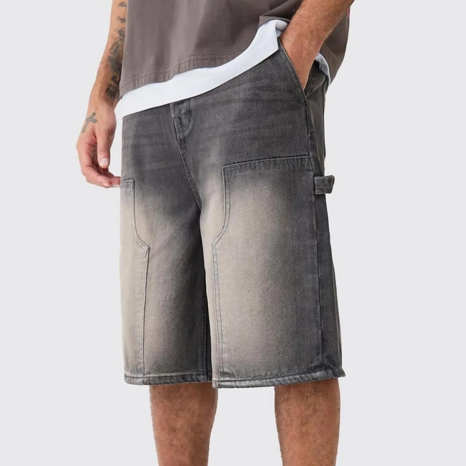 Mens Loose Denim Shorts Baggy Casual Wide Leg Mid Jean Jorts Zipper Hip Hop Shorts with Pockets Streetwear