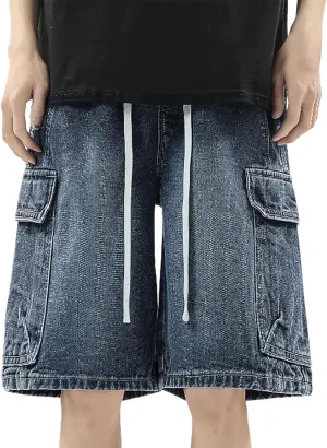 Men's Loose Fit Hip Hop Cropped Jean Shorts Baggy Denim Shorts with Pockets Casual Summer Streetwear Clothes