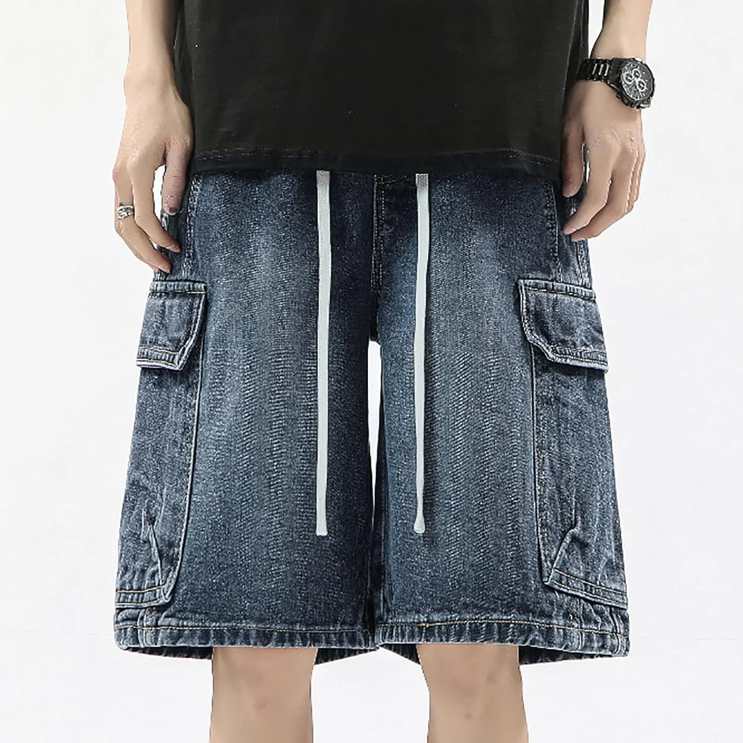 Men's Loose Fit Hip Hop Cropped Jean Shorts Baggy Denim Shorts with Pockets Casual Summer Streetwear Clothes