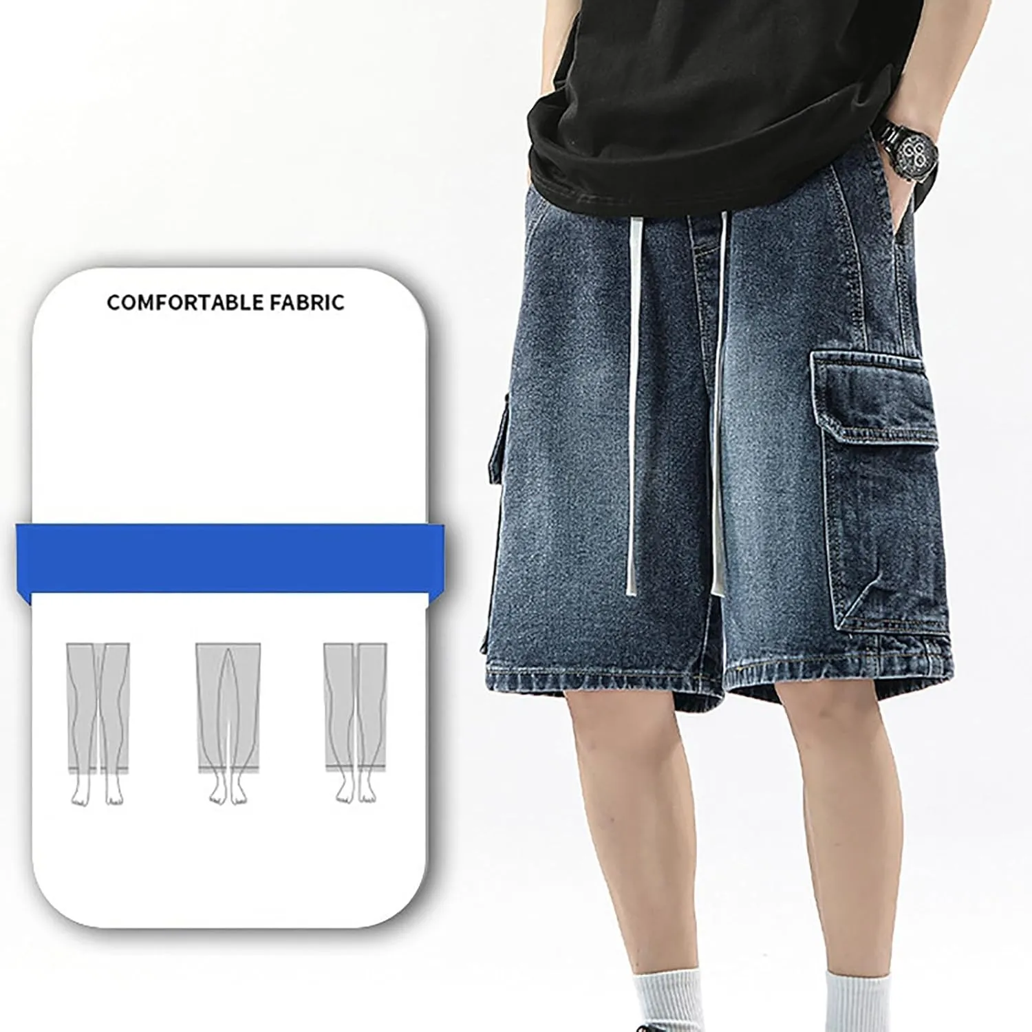 Men's Loose Fit Hip Hop Cropped Jean Shorts Baggy Denim Shorts with Pockets Casual Summer Streetwear Clothes