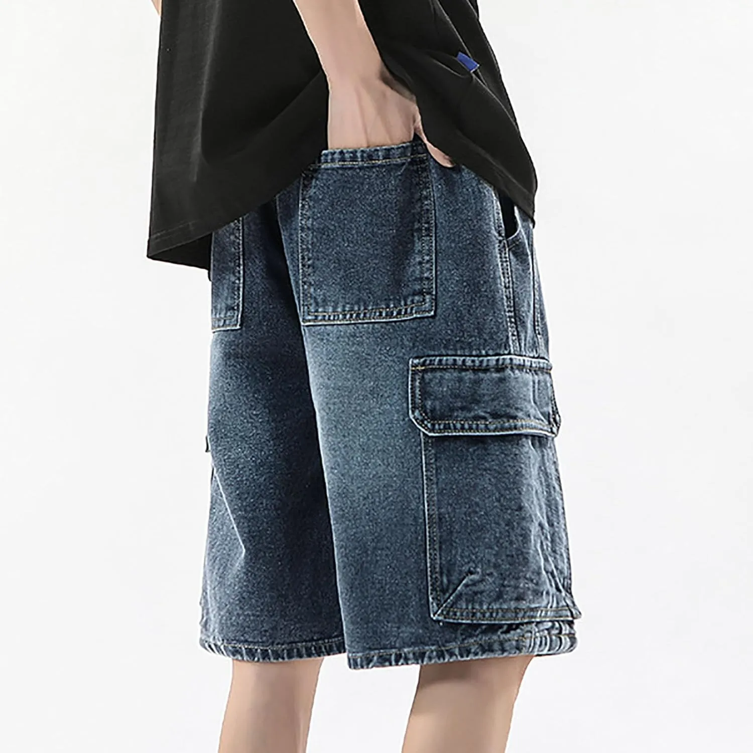 Men's Loose Fit Hip Hop Cropped Jean Shorts Baggy Denim Shorts with Pockets Casual Summer Streetwear Clothes