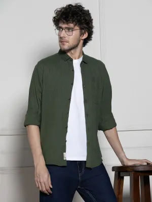 Men's Olive Solid Button Down collar Casual Cotton Shirt