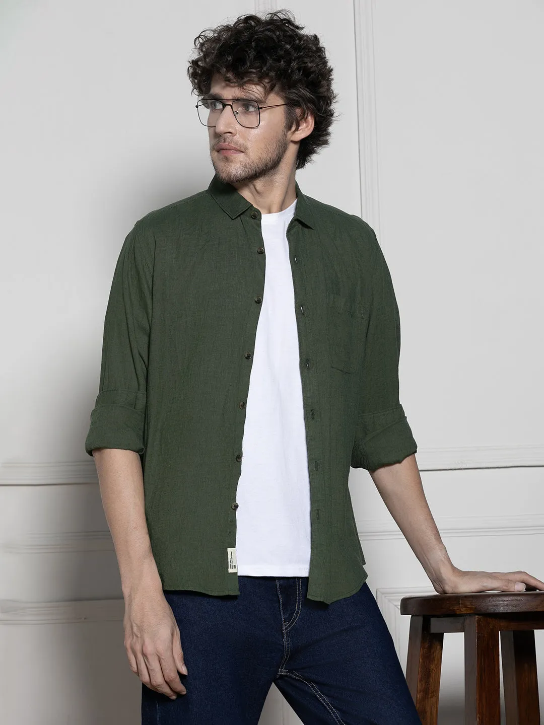 Men's Olive Solid Button Down collar Casual Cotton Shirt
