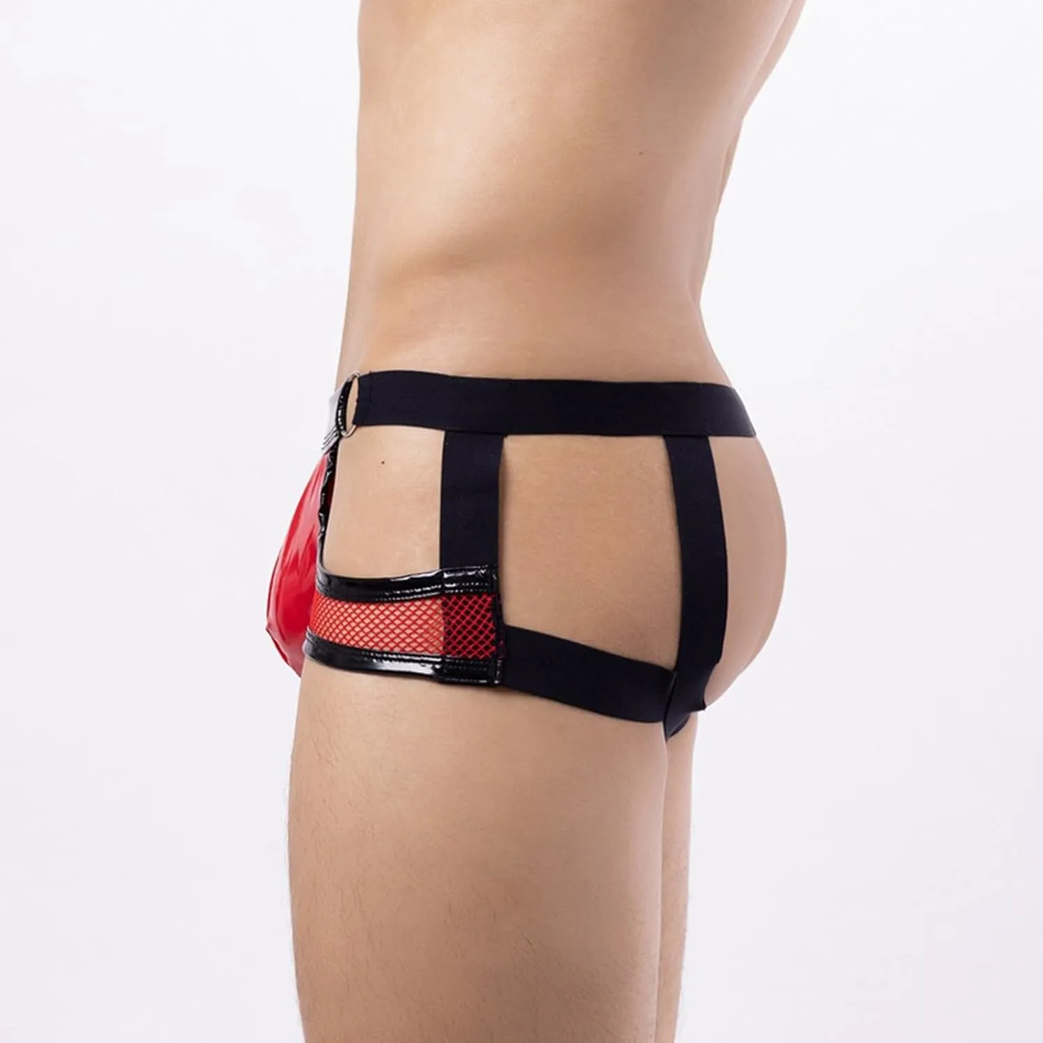 Men's Patent Leather Boxer BriefsHollow out JockStrap Bulge Pouch UnderwearSexy Backless Low Waist Underpants