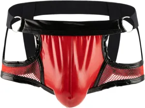 Men's Patent Leather Boxer BriefsHollow out JockStrap Bulge Pouch UnderwearSexy Backless Low Waist Underpants