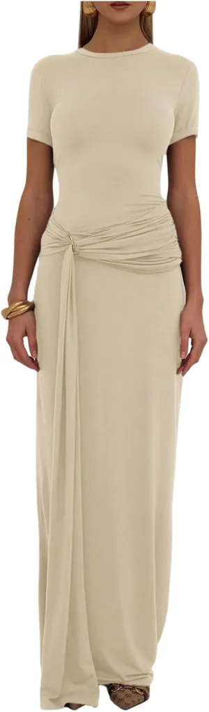 Milumia Women's Ring Tie Knot Bodycon Dress Crew Neck Short Sleeve Maxi Dresses