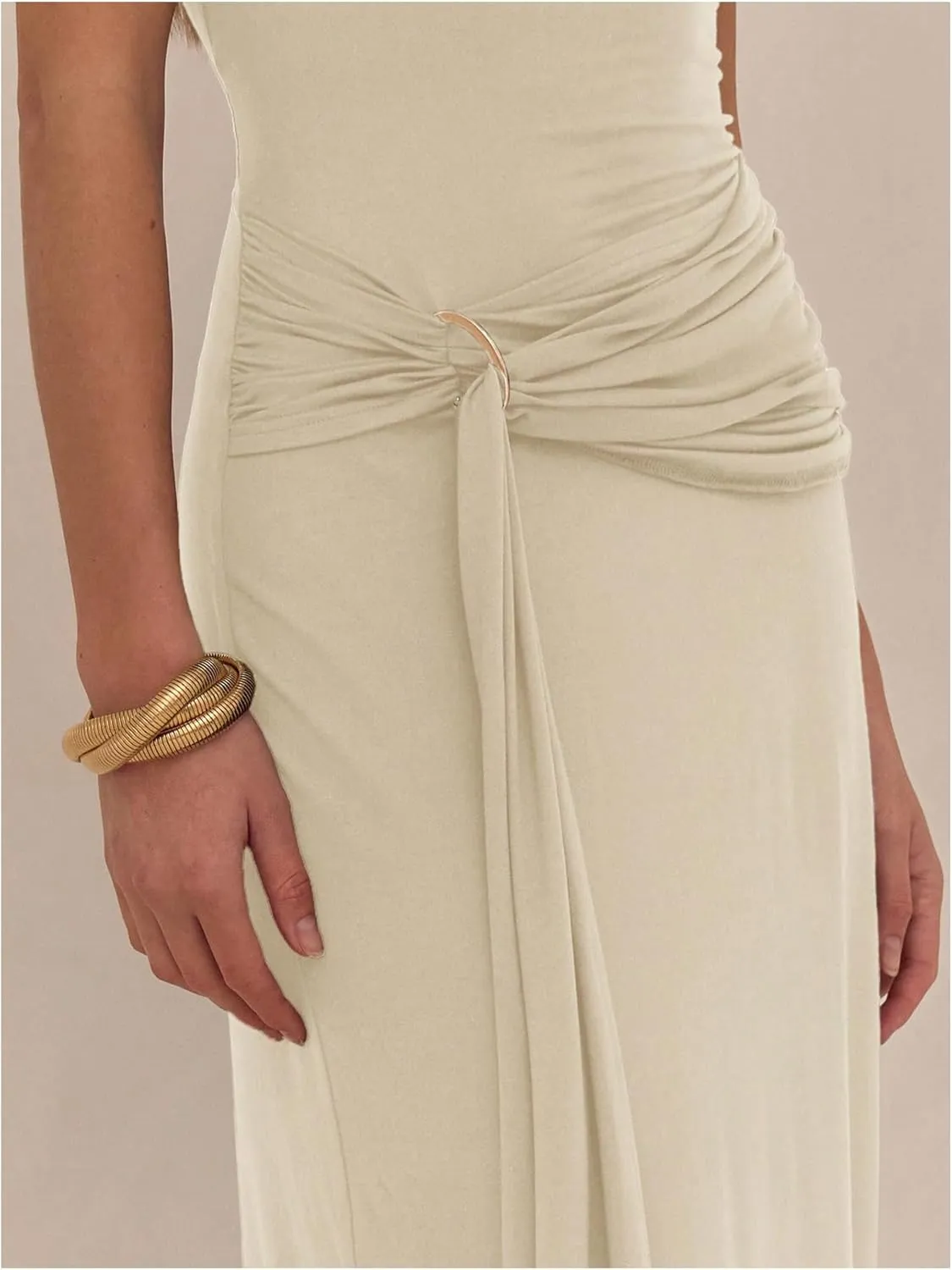 Milumia Women's Ring Tie Knot Bodycon Dress Crew Neck Short Sleeve Maxi Dresses