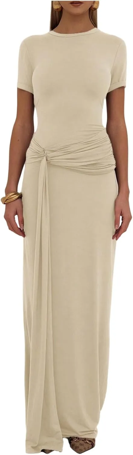 Milumia Women's Ring Tie Knot Bodycon Dress Crew Neck Short Sleeve Maxi Dresses