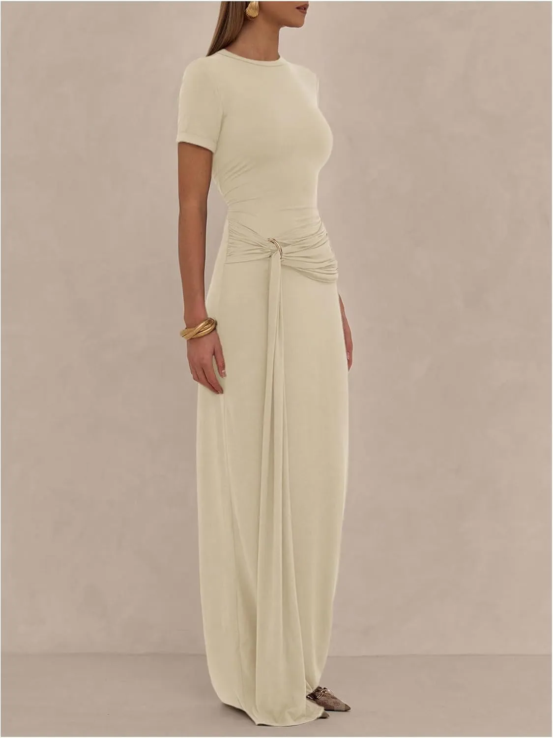 Milumia Women's Ring Tie Knot Bodycon Dress Crew Neck Short Sleeve Maxi Dresses