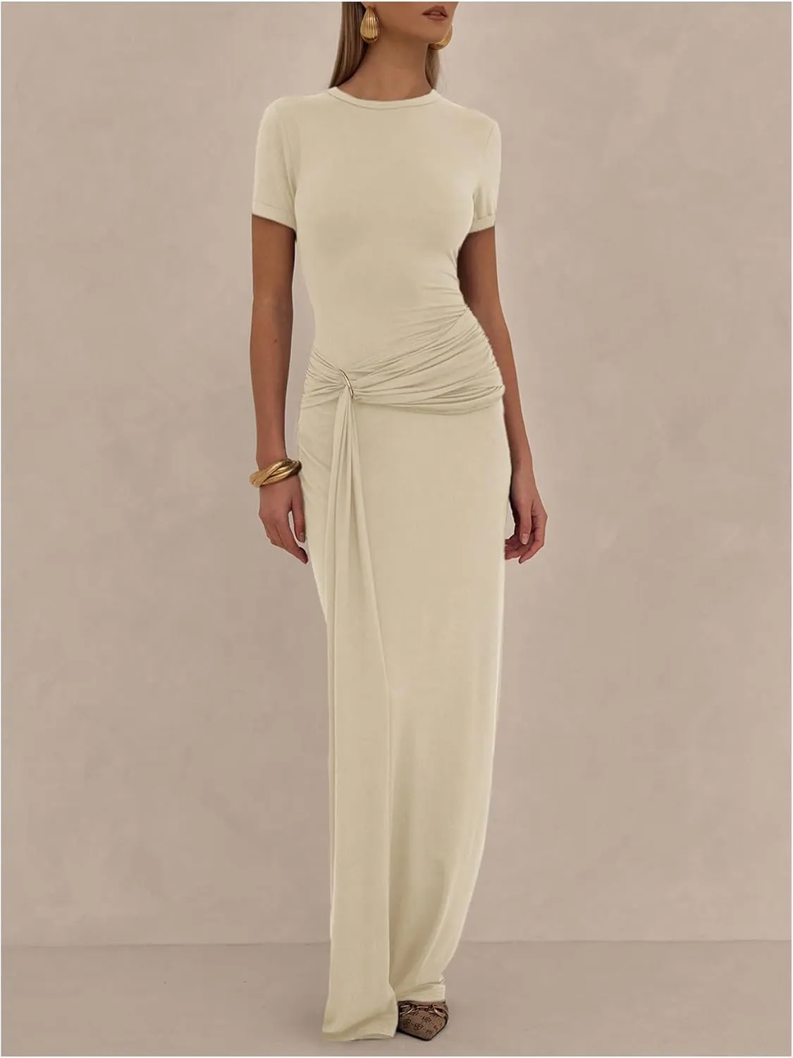 Milumia Women's Ring Tie Knot Bodycon Dress Crew Neck Short Sleeve Maxi Dresses