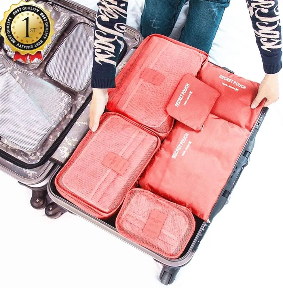 MOCOFO 6-Piece Travel Luggage Storage Bag Set - 3 Travel Storage Bags   3 Small Clothing Organizers (Watermelon Red)