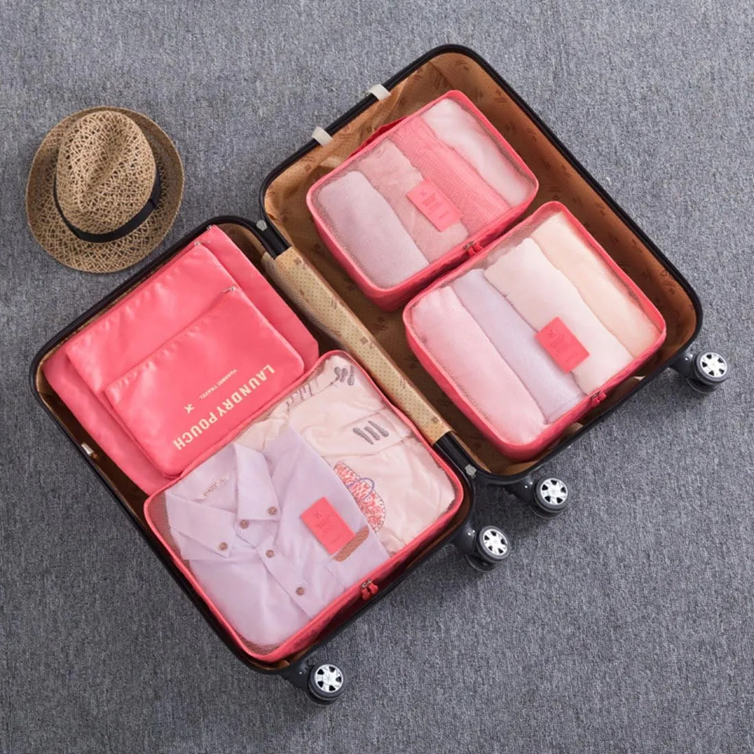 MOCOFO 6-Piece Travel Luggage Storage Bag Set - 3 Travel Storage Bags   3 Small Clothing Organizers (Watermelon Red)
