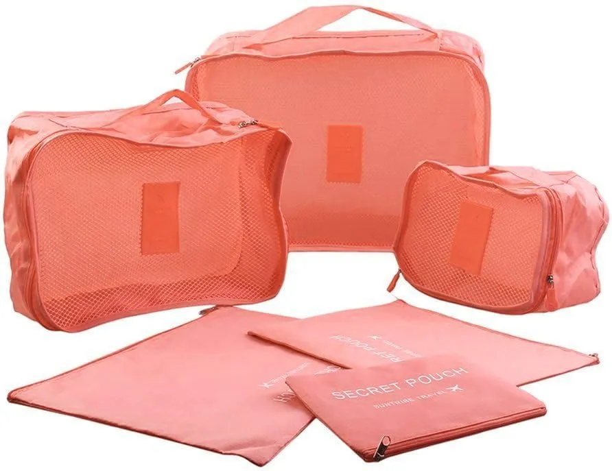 MOCOFO 6-Piece Travel Luggage Storage Bag Set - 3 Travel Storage Bags   3 Small Clothing Organizers (Watermelon Red)