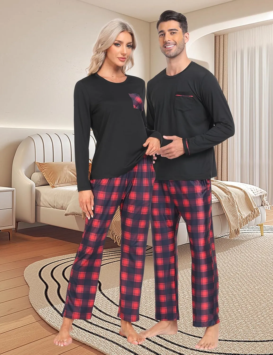 MoFiz Pajama Sets for Men & Women Long Sleeve 2 Piece Sleepwear Loungewear Sets Soft PJ's with Pockets