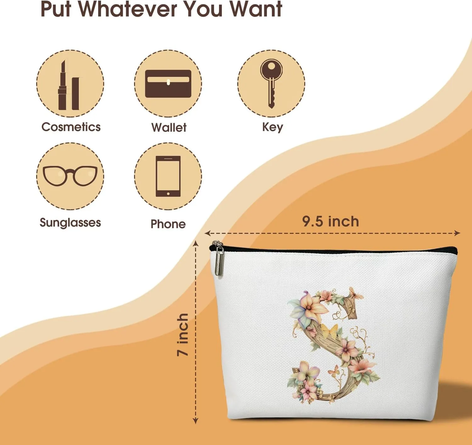 Monogrammed Makeup Bag Gifts for Women, Personalized Initial Letter S Small Cosmetic Bag for Purse Zipper Travel Toiletry Bag Birthday Gift for Friend Daughter Wedding Gift for Bridal Bridesmaid -B18