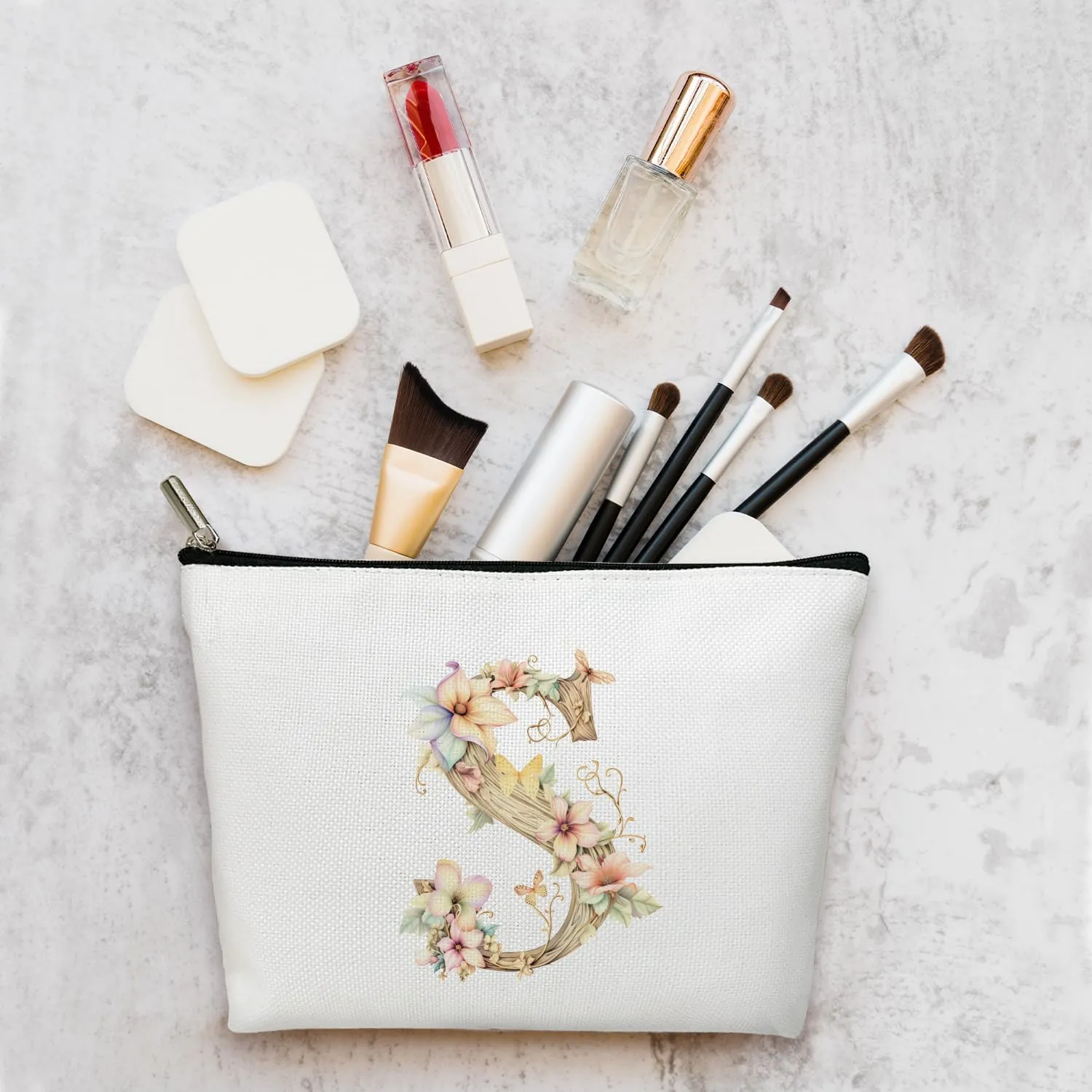 Monogrammed Makeup Bag Gifts for Women, Personalized Initial Letter S Small Cosmetic Bag for Purse Zipper Travel Toiletry Bag Birthday Gift for Friend Daughter Wedding Gift for Bridal Bridesmaid -B18